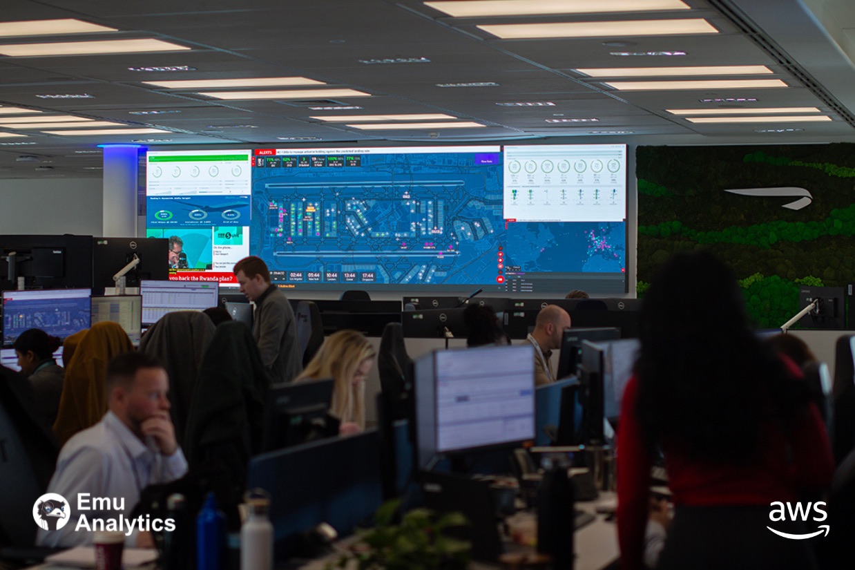British Airways Operations Centre at Heathrow, with the AWS logo